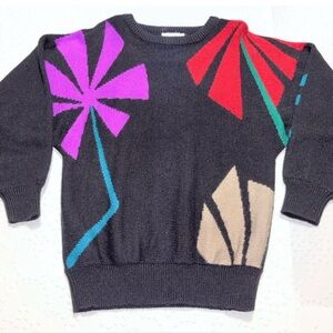 Vintage jessica ltd Black Long Sleeve Sweater Abstract Artistic Vibrant Colors M